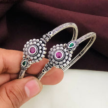 Ethnic German Silver Flower Kada Bangles with Pink & Green Kemp Stones
