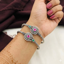 Ethnic German Silver Flower Kada Bangles with Pink & Green Kemp Stones
