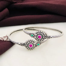 Ethnic German Silver Flower Kada Bangles with Pink & Green Kemp Stones