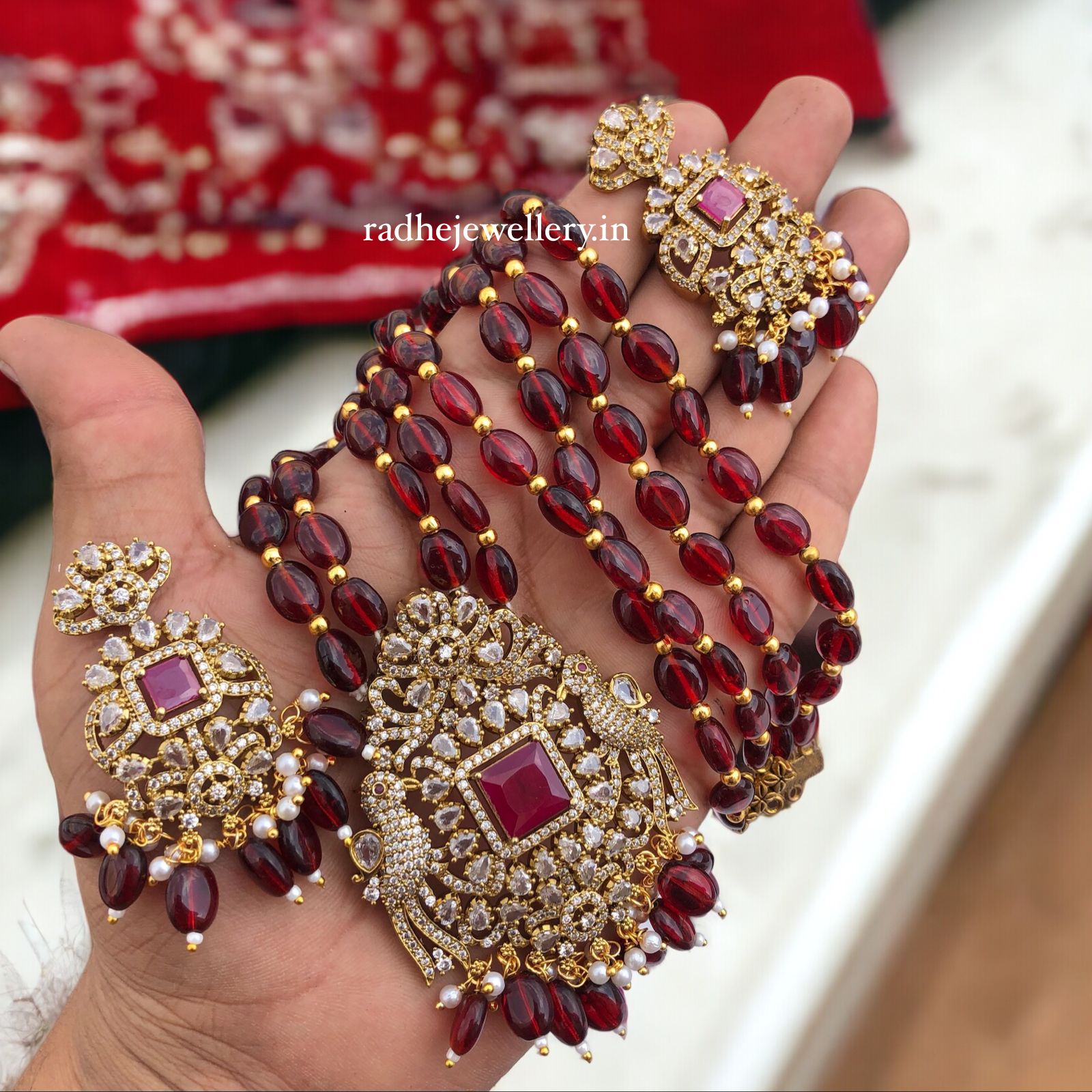 Dark Maroon Bead Layered Victorian Diamond Neckpiece