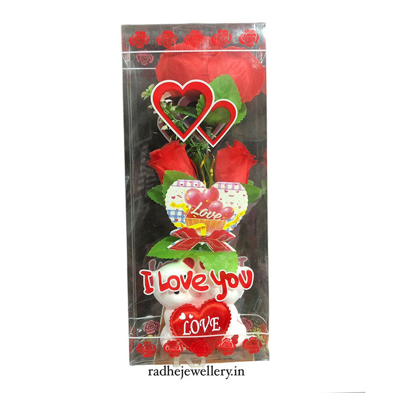 Valentine's Day Gift With Teddy Bears & Rose Flowers, I Love You Message