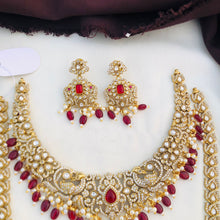 Traditional Bridal Jewelry Set – Antique Gold Finish with Ruby Red Stones & Pearl Drops