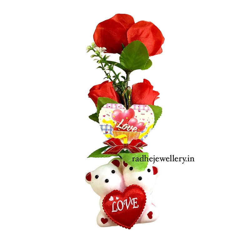 Valentine's Day Gift With Teddy Bears & Rose Flowers, I Love You Message