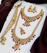 Traditional Bridal Jewelry Set – Antique Gold Finish with Ruby Red Stones & Pearl Drops