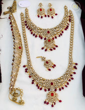 Traditional Bridal Jewelry Set – Antique Gold Finish with Ruby Red Stones & Pearl Drops
