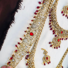 Traditional Bridal Jewelry Set – Antique Gold Finish with Ruby Red Stones & Pearl Drops
