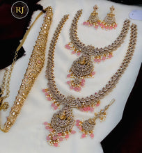 Royal Bridal Temple Jewellery Set with Layered Necklaces, Chandbali Earrings & Waist Belt – Gold Tone with Purple Bead
