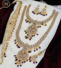 Royal Bridal Temple Jewellery Set with Layered Necklaces, Chandbali Earrings & Waist Belt – Gold Tone with Purple Bead