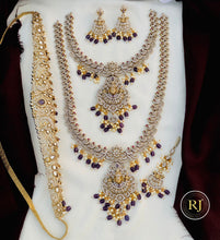 Royal Bridal Temple Jewellery Set with Layered Necklaces, Chandbali Earrings & Waist Belt – Gold Tone with Purple Bead