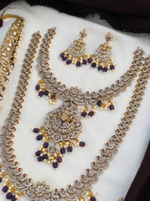 Royal Bridal Temple Jewellery Set with Layered Necklaces, Chandbali Earrings & Waist Belt – Gold Tone with Purple Bead