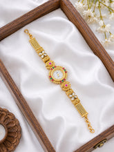Traditional Gold Tone Designer Watch Bracelet with Multicolor Stone & Beaded Charms