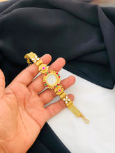 Traditional Gold Tone Designer Watch Bracelet with Multicolor Stone & Beaded Charms