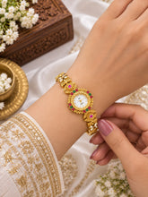 Traditional Gold Tone Designer Watch Bracelet with Multicolor Stone & Beaded Charms