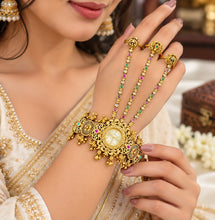 Antique Gold Tone Multicolor Stone Designer Watch Hathphool
