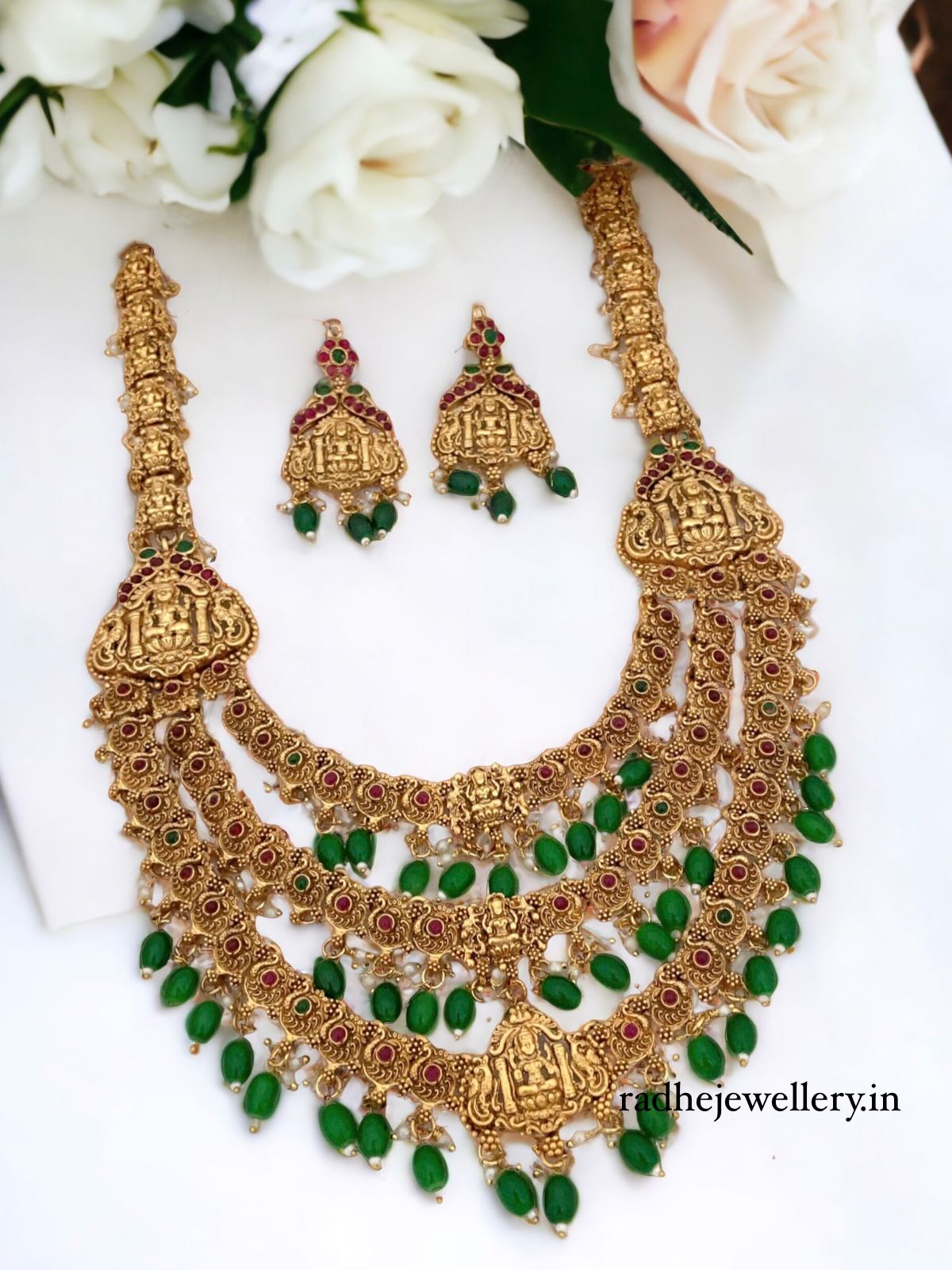 3 layered Lakshmi long haram with earrings