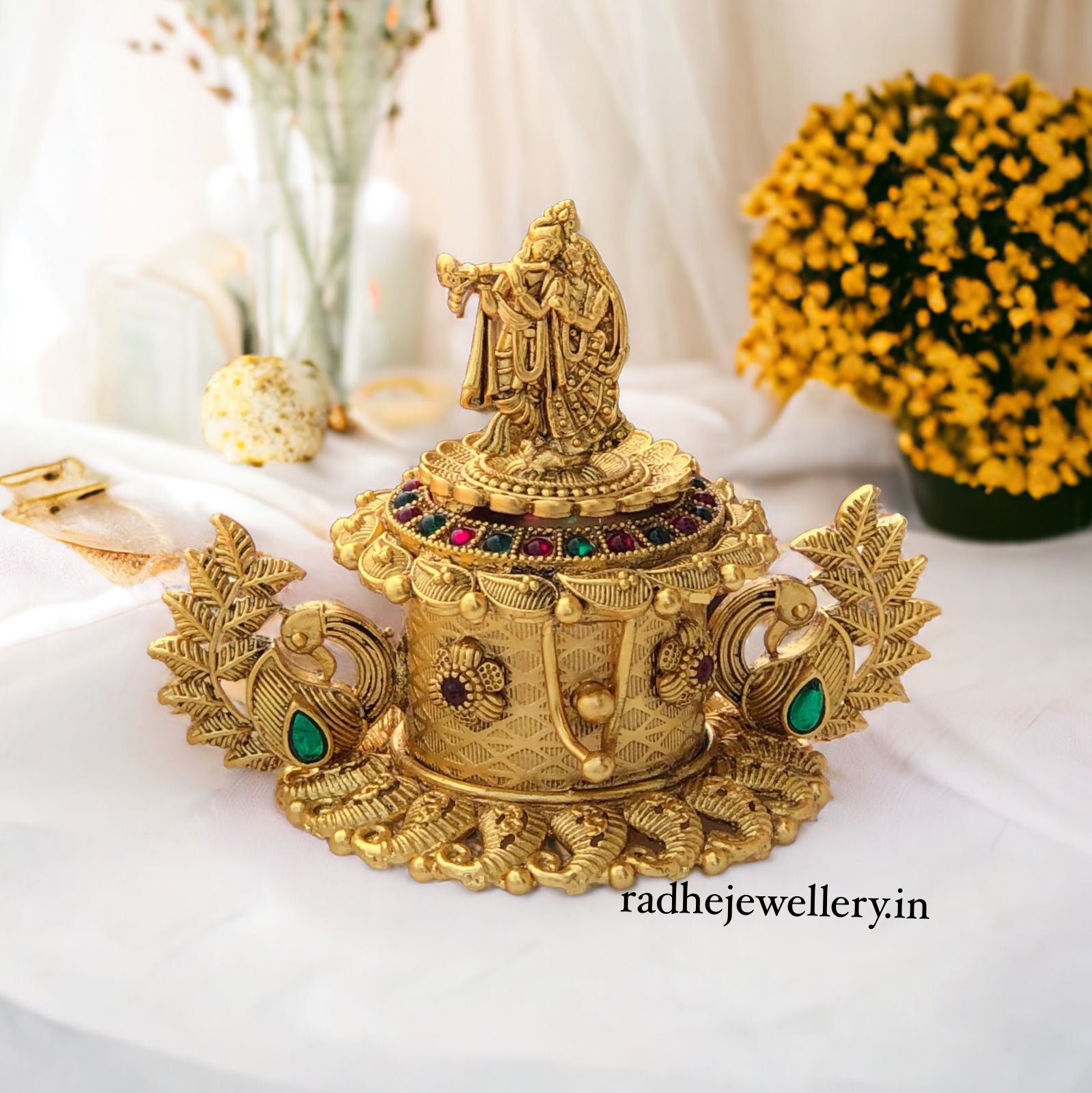 Radha Krishna Kumkum Box,Gold Plated Sidoor Box Gold sindoor box/Wedding Gift/Pooja Accessory