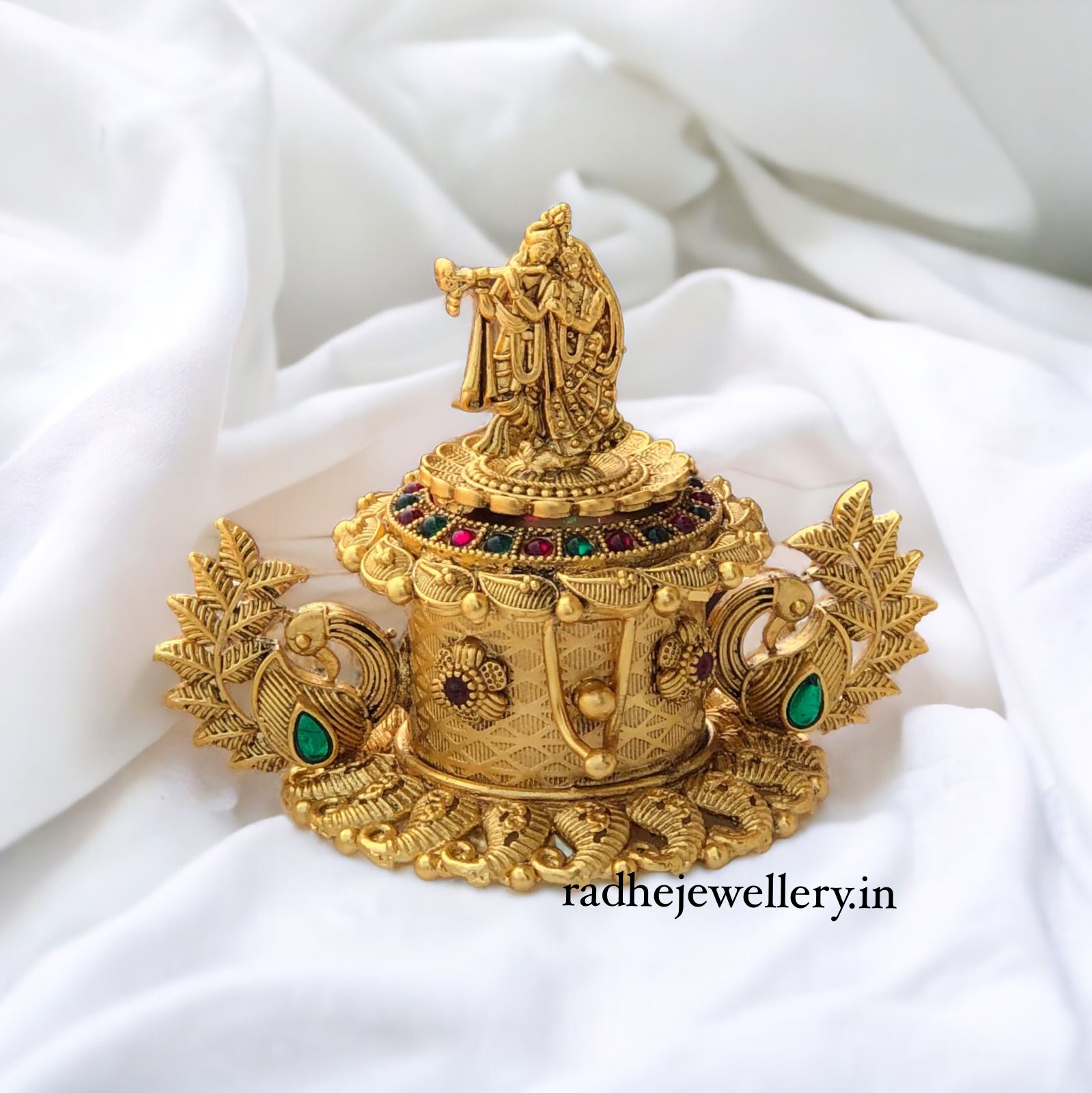 Radha Krishna Kumkum Box,Gold Plated Sidoor Box Gold sindoor box/Wedding Gift/Pooja Accessory