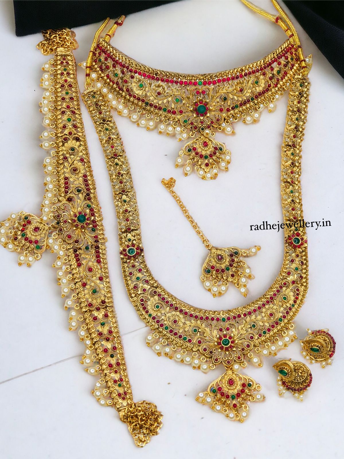 Long Haram and Choker Matte Golden Temple Jewellery Set With Earrings Bridal jewelry, Gold Necklace, South Indian Wedding Party Jewellery