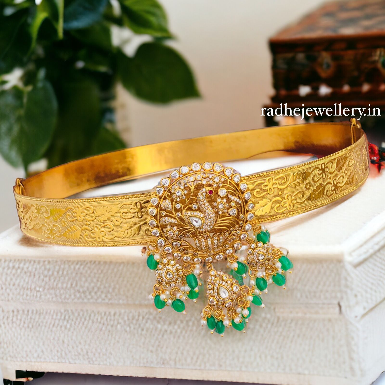 Gold Plated Waist Belt With AD Stones peacock Pendant