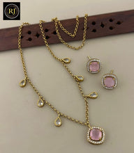 Elegant Gold Pink Cushion-Cut Stone & Halo Necklace and Earrings Set with Pear-Cut Charms