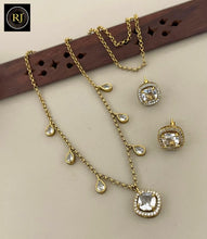 Elegant Gold Pink Cushion-Cut Stone & Halo Necklace and Earrings Set with Pear-Cut Charms