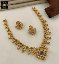 Matte Gold Leaf Motif Necklace Set with Lavender & White AD Stones