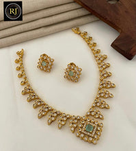 Matte Gold Leaf Motif Necklace Set with Lavender & White AD Stones