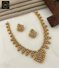 Matte Gold Leaf Motif Necklace Set with Lavender & White AD Stones