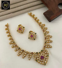 Matte Gold Leaf Motif Necklace Set with Lavender & White AD Stones