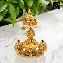 Antique Gold Nakshi Work Kumkum Box with Lakshmi Motifs, Ruby, Emerald, and Pearl Drops