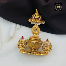 Antique Gold Nakshi Work Kumkum Box with Lakshmi Motifs, Ruby, Emerald, and Pearl Drops