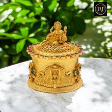 Exquisite Gold-Plated Ganesh Kumkum Box with Ruby & Emerald Accents
