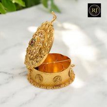 Antique Gold Lakshmi & Peacock Kumkum Box - 2 Compartment Sindoor Dani