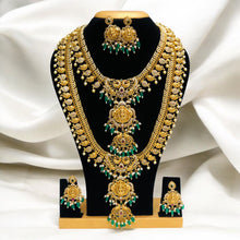 Grand South Indian Temple Bridal Necklace Set with Lakshmi Motif & Green Beads