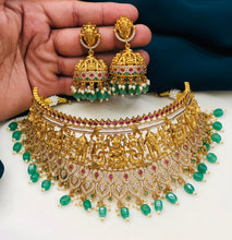 Temple Jewellery Bridal Choker Set with Jhumka Earrings, South Indian Lakshmi Gold Necklace Set, Green Beads Traditional Wedding Jewelry
