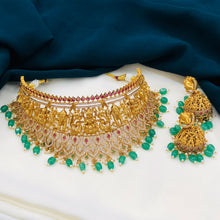 Temple Jewellery Bridal Choker Set with Jhumka Earrings, South Indian Lakshmi Gold Necklace Set, Green Beads Traditional Wedding Jewelry