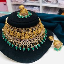 Temple Jewellery Bridal Choker Set with Jhumka Earrings, South Indian Lakshmi Gold Necklace Set, Green Beads Traditional Wedding Jewelry