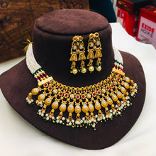 Traditional Antique Gold-Plated Pearl & Kundan Bridal Choker Necklace Set with Matching Earrings