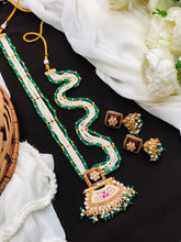 Premium Green & Pearl Long Necklace Set with Jhumkas