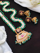 Premium Green & Pearl Long Necklace Set with Jhumkas