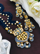 Royal Blue Kundan Long Necklace Set with Earrings