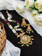 Traditional Green Pearl Temple Long Necklace Set