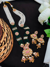 Royal Green Pearl Long Necklace Set with Designer Earrings