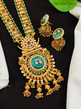Royal Green Temple Long Necklace Set with Jhumkas