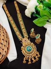 Royal Green Temple Long Necklace Set with Jhumkas