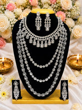 Premium AD Stone Bridal Necklace Set with Long Haram & Earrings | Silver Finish Wedding Jewellery Set