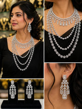 Premium AD Stone Bridal Necklace Set with Long Haram & Earrings | Silver Finish Wedding Jewellery Set