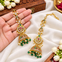 Regal Temple Design Jhumkas with Maatilu/Kaan Chain - Red & Green Stones