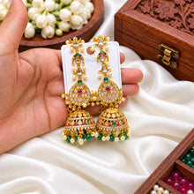 Regal Temple Design Jhumkas with Maatilu/Kaan Chain - Red & Green Stones