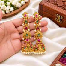 Regal Temple Design Jhumkas with Maatilu/Kaan Chain - Red & Green Stones